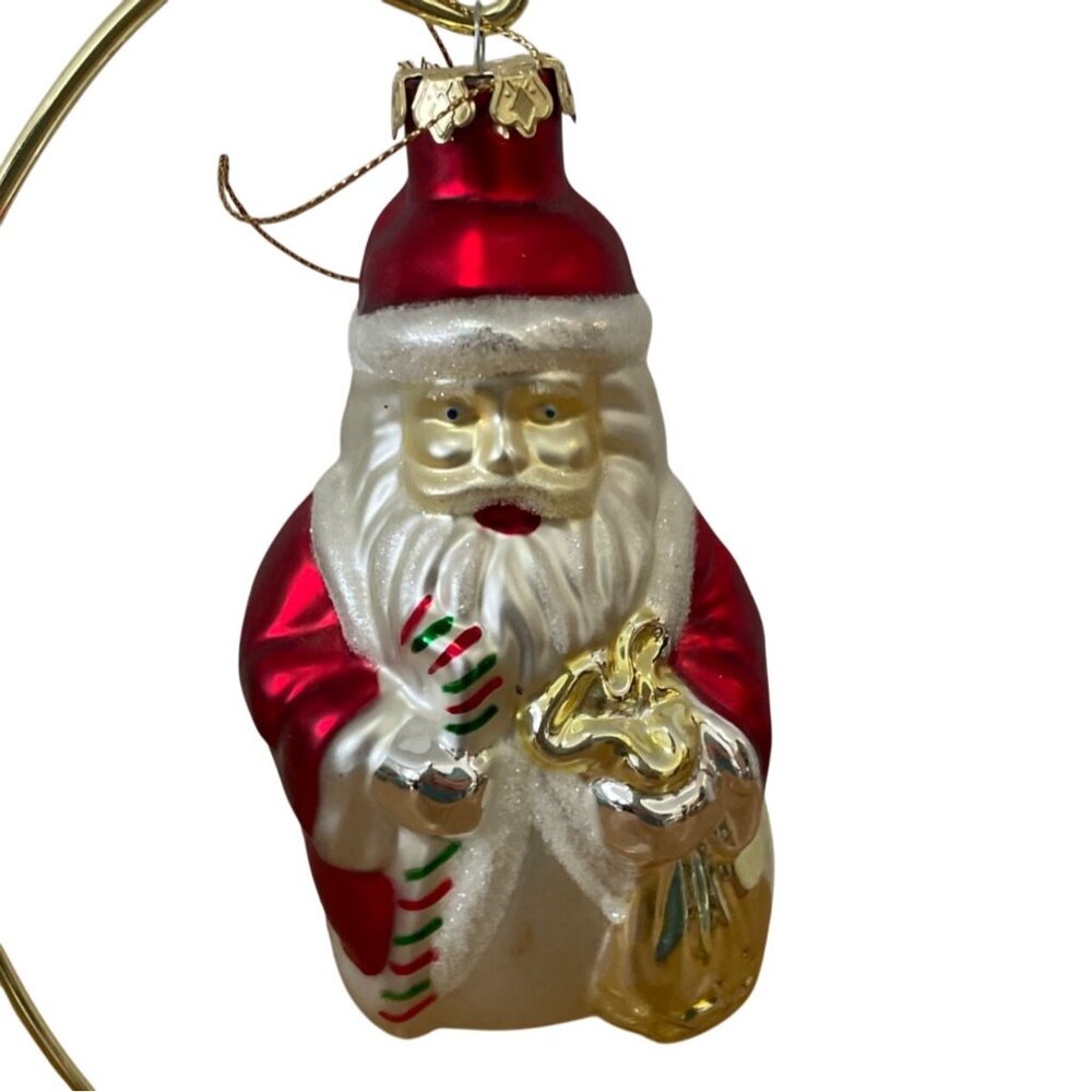 Vintage Santa Claus Glass Christmas Ornament Holding Candy Cane Sack of Toys